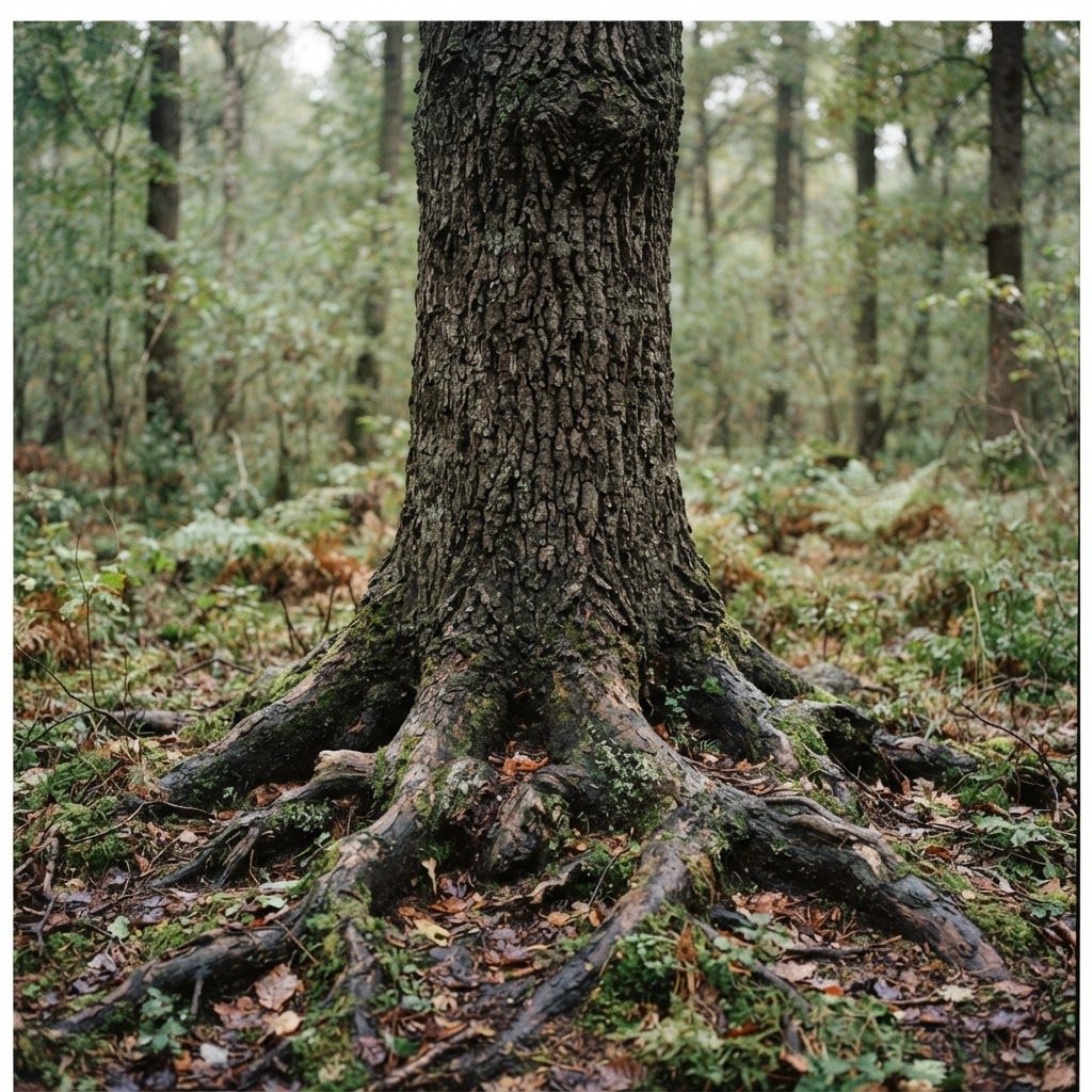 Baum mit sichtbaren Wurzeln als Sinnbild für Halt und Erdung